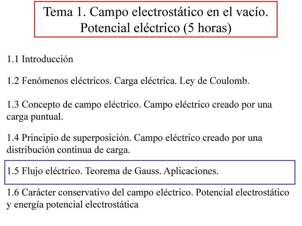 Tema 1. Campo electrostático en el vacío. Potencial eléctrico (5 horas)