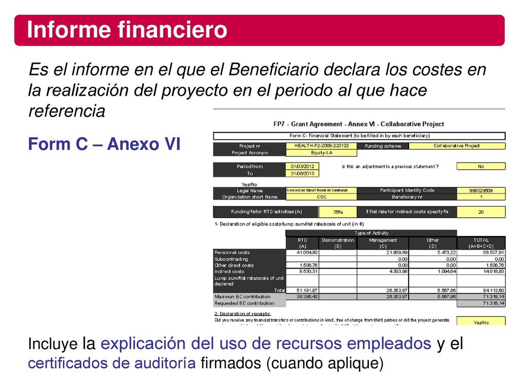 Informe financiero Es el informe en el que el Beneficiario declara los costes en la realización del proyecto en el periodo al que hace referencia.