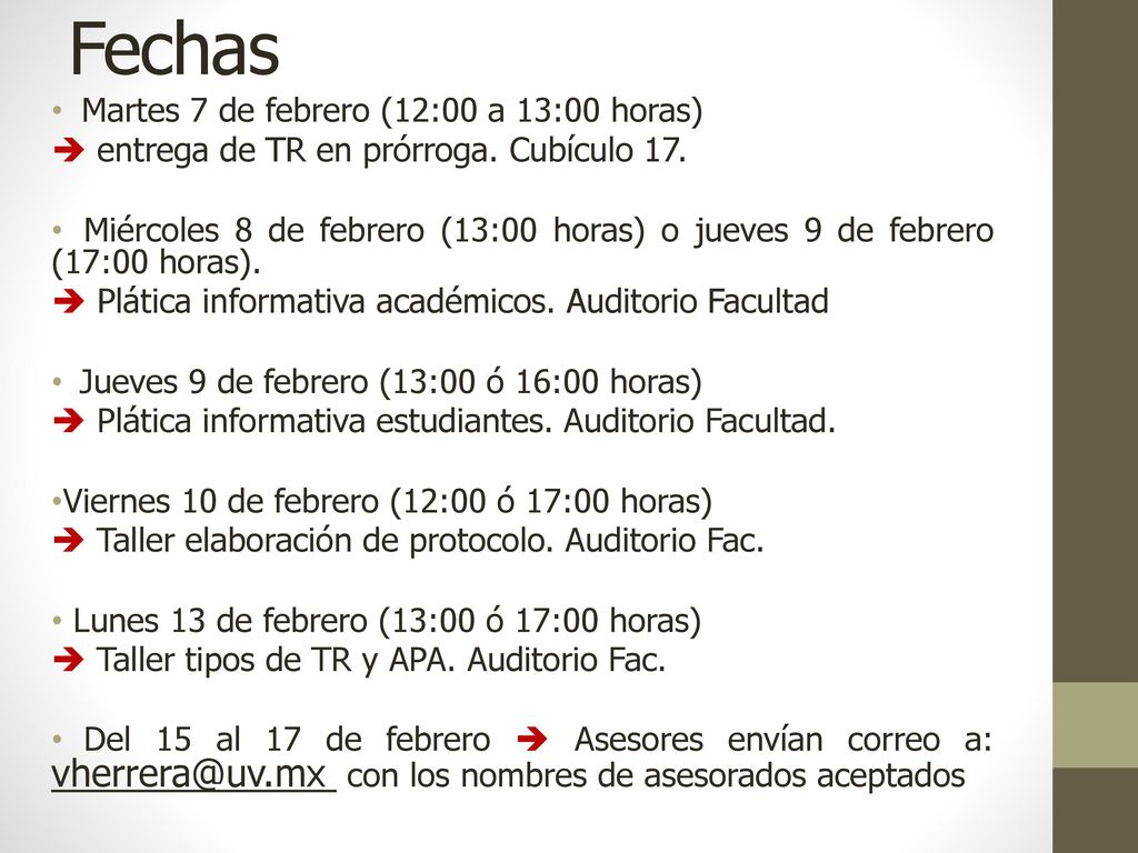 Fechas Martes 7 de febrero (12:00 a 13:00 horas)
