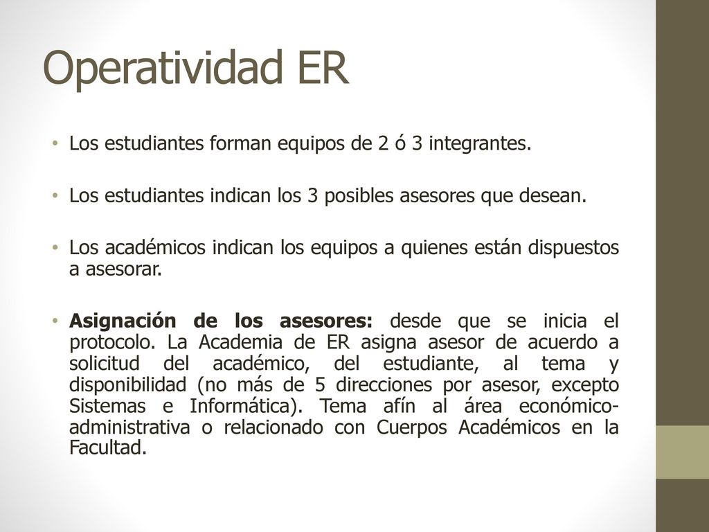 Operatividad ER Los estudiantes forman equipos de 2 ó 3 integrantes.
