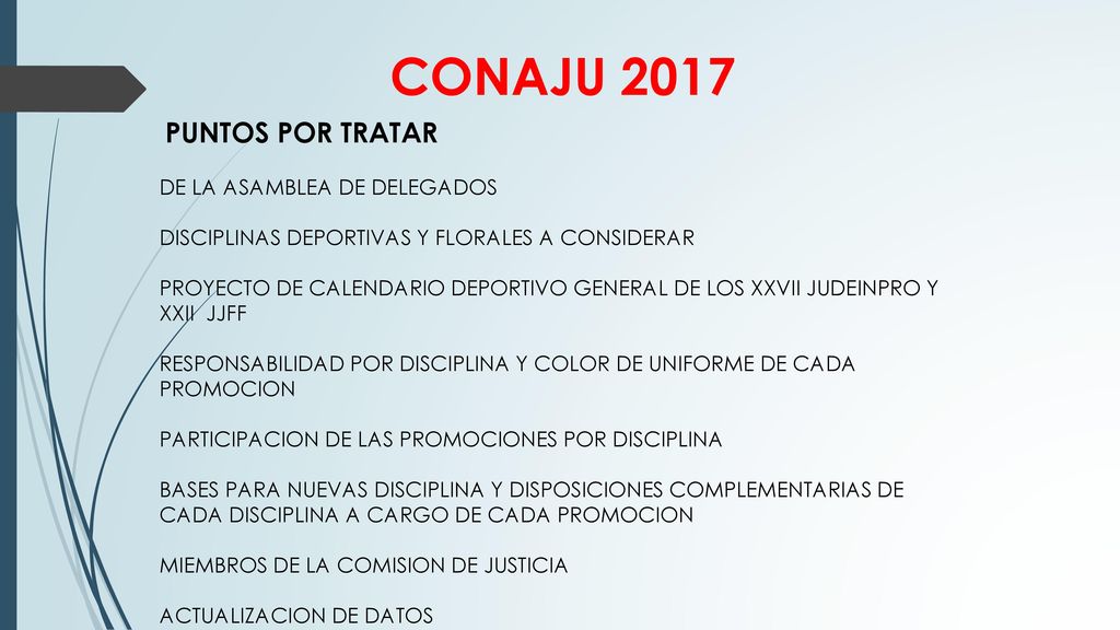 CONAJU 2017 PUNTOS POR TRATAR DE LA ASAMBLEA DE DELEGADOS