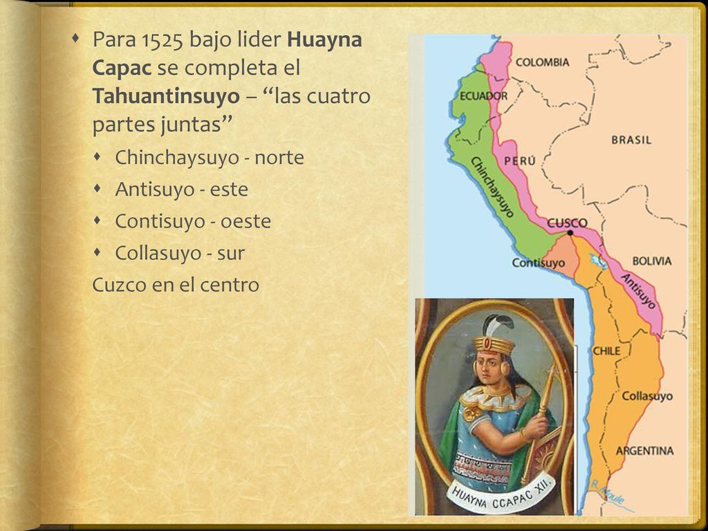 Para 1525 bajo lider Huayna Capac se completa el Tahuantinsuyo – las cuatro partes juntas