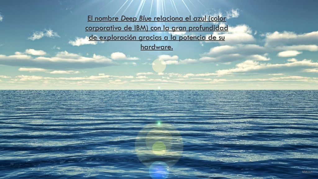 El nombre Deep Blue relaciona el azul (color corporativo de IBM) con la gran profundidad de exploración gracias a la potencia de su hardware.