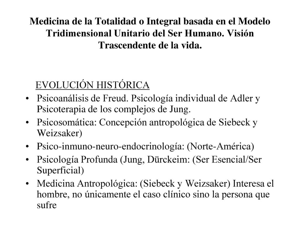 Medicina de la Totalidad o Integral basada en el Modelo Tridimensional Unitario del Ser Humano. Visión Trascendente de la vida.
