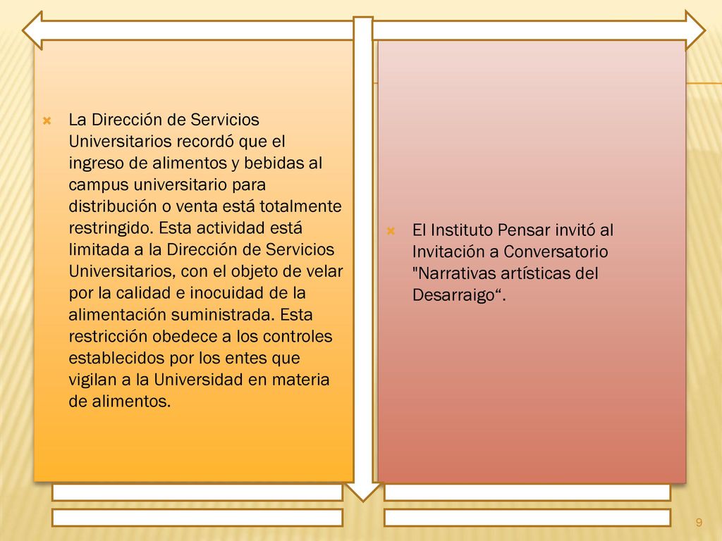 La Dirección de Servicios Universitarios recordó que el ingreso de alimentos y bebidas al campus universitario para distribución o venta está totalmente restringido. Esta actividad está limitada a la Dirección de Servicios Universitarios, con el objeto de velar por la calidad e inocuidad de la alimentación suministrada. Esta restricción obedece a los controles establecidos por los entes que vigilan a la Universidad en materia de alimentos.