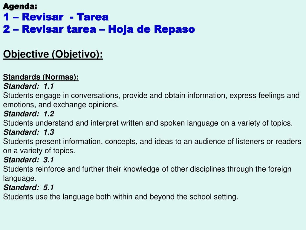 2 – Revisar tarea – Hoja de Repaso Objective (Objetivo):