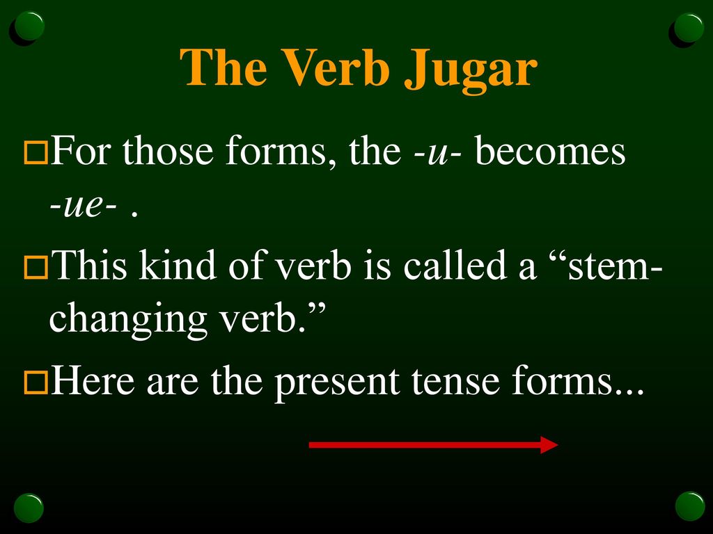 The Verb Jugar For those forms, the -u- becomes -ue- .