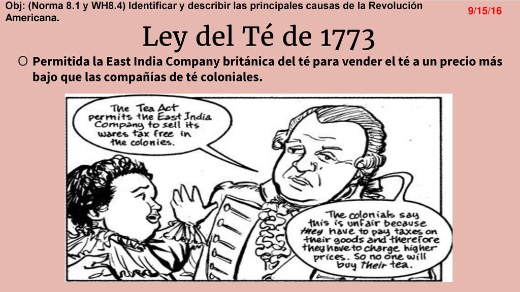 Ley del Té de 1773 Permitida la East India Company británica del té para vender el té a un precio más bajo que las compañías de té coloniales.