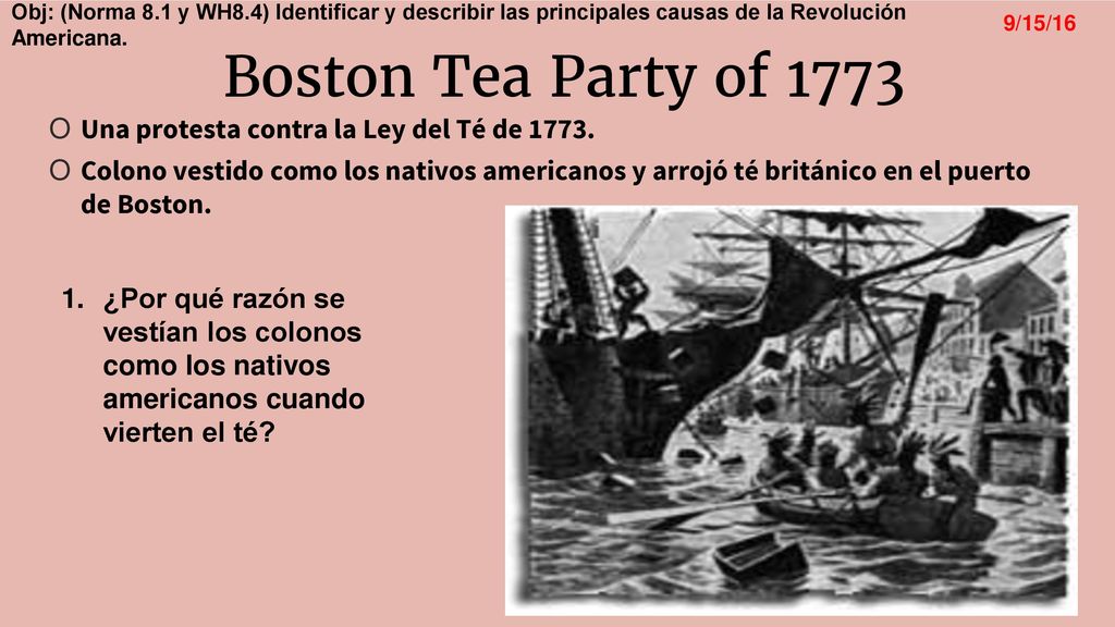 Boston Tea Party of 1773 Una protesta contra la Ley del Té de 1773.