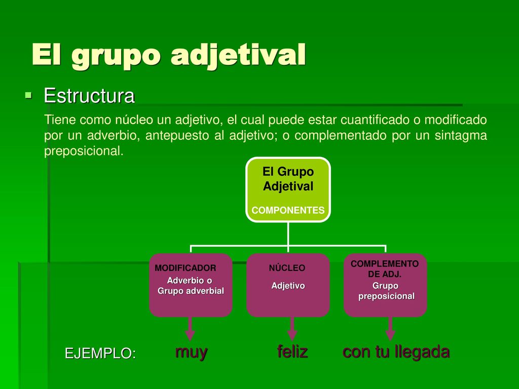 El grupo adjetival Estructura muy feliz con tu llegada EJEMPLO: