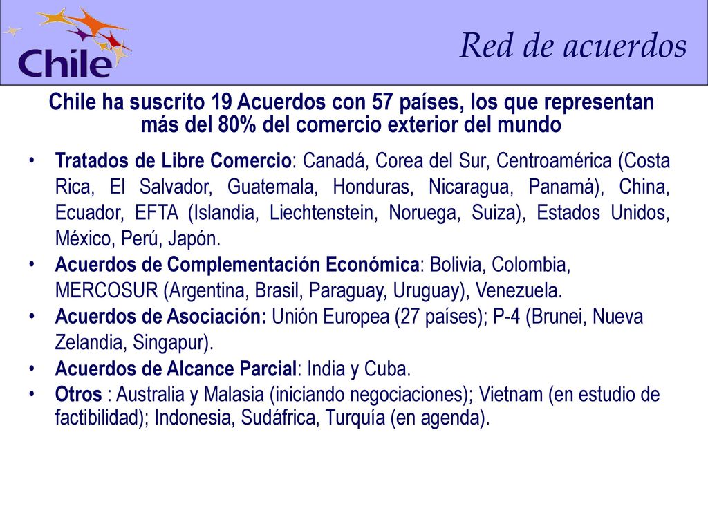 Red de acuerdos Chile ha suscrito 19 Acuerdos con 57 países, los que representan más del 80% del comercio exterior del mundo.
