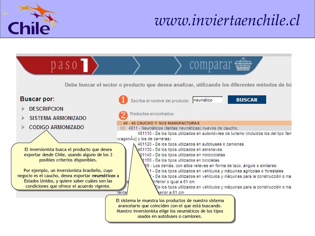 El inversionista busca el producto que desea exportar desde Chile, usando alguno de los 3 posibles criterios disponibles.