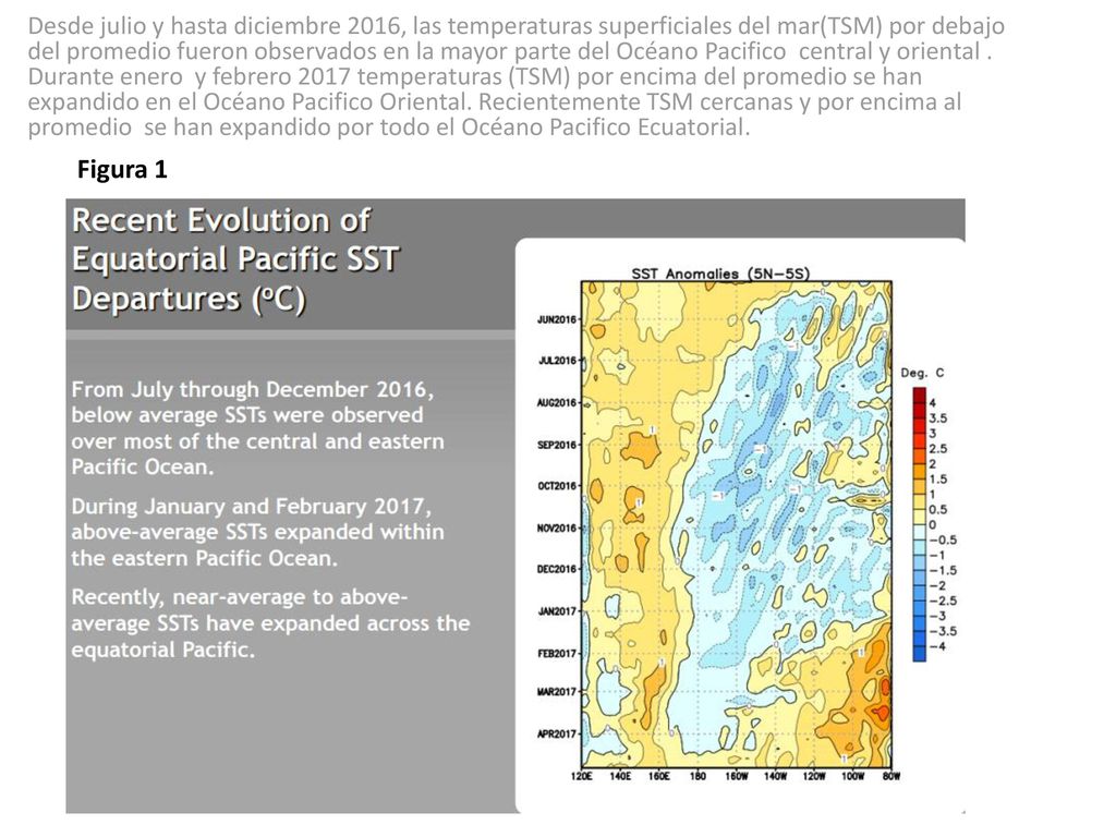 Desde julio y hasta diciembre 2016, las temperaturas superficiales del mar(TSM) por debajo del promedio fueron observados en la mayor parte del Océano Pacifico central y oriental . Durante enero y febrero 2017 temperaturas (TSM) por encima del promedio se han expandido en el Océano Pacifico Oriental. Recientemente TSM cercanas y por encima al promedio se han expandido por todo el Océano Pacifico Ecuatorial.