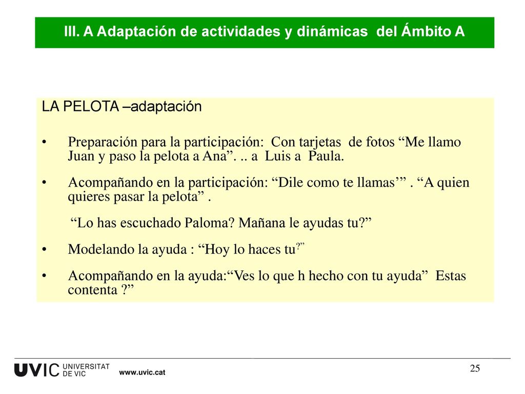 III. A Adaptación de actividades y dinámicas del Ámbito A