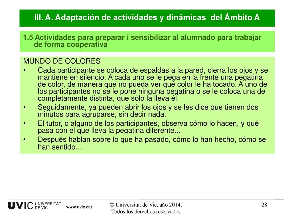 III. A. Adaptación de actividades y dinámicas del Ámbito A