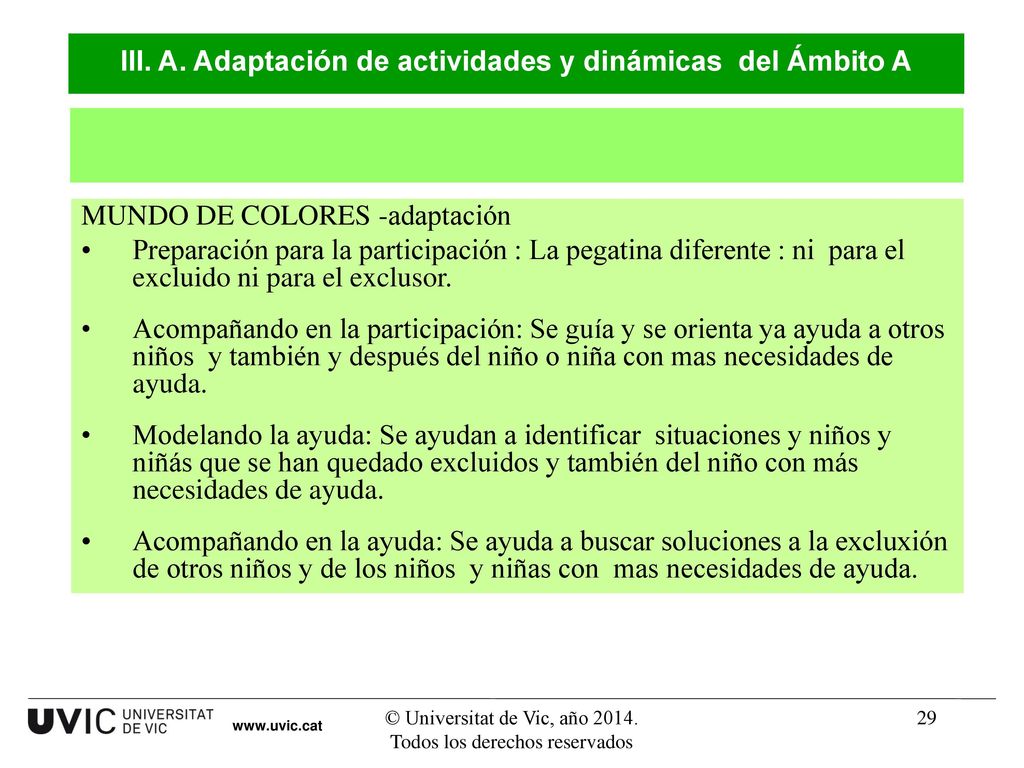 III. A. Adaptación de actividades y dinámicas del Ámbito A