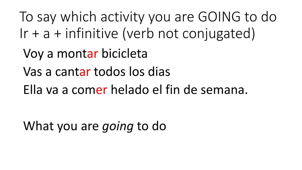 To say which activity you are GOING to do Ir + a + infinitive (verb not conjugated)