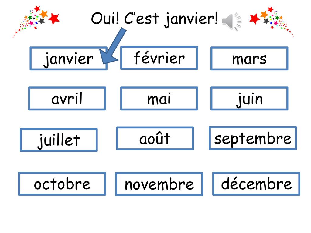 Oui! C’est janvier! janvier. février. mars. avril. mai. juin. juillet. août. septembre. octobre.