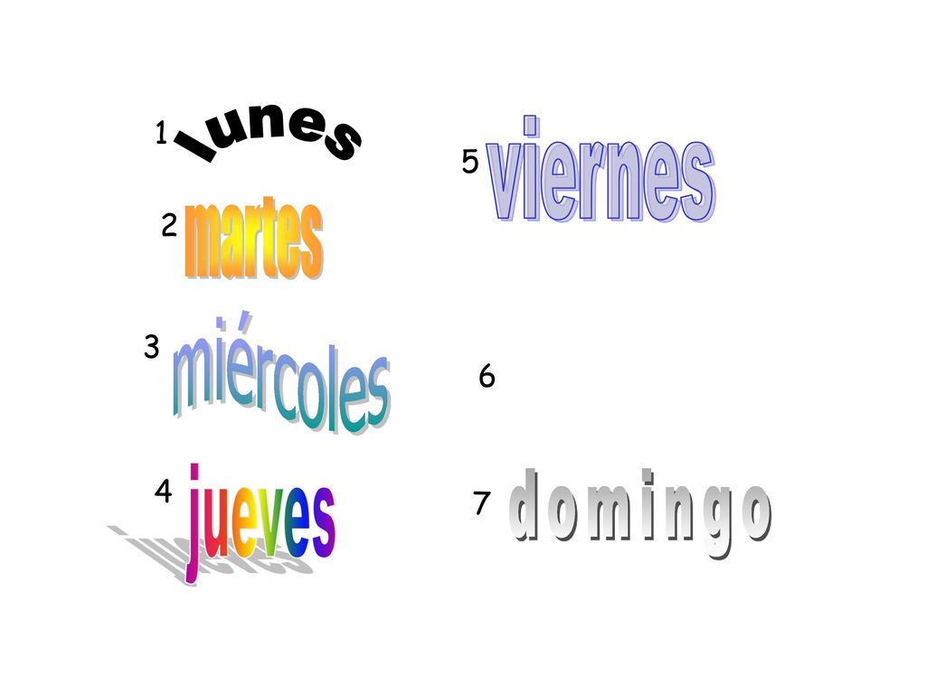 1 viernes lunes 5 martes 2 miércoles jueves domingo 7