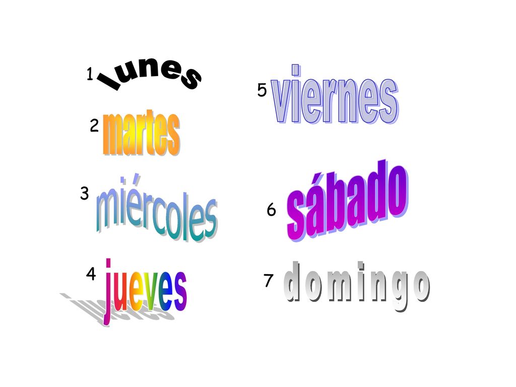 1 viernes lunes 5 martes 2 sábado miércoles jueves domingo 7