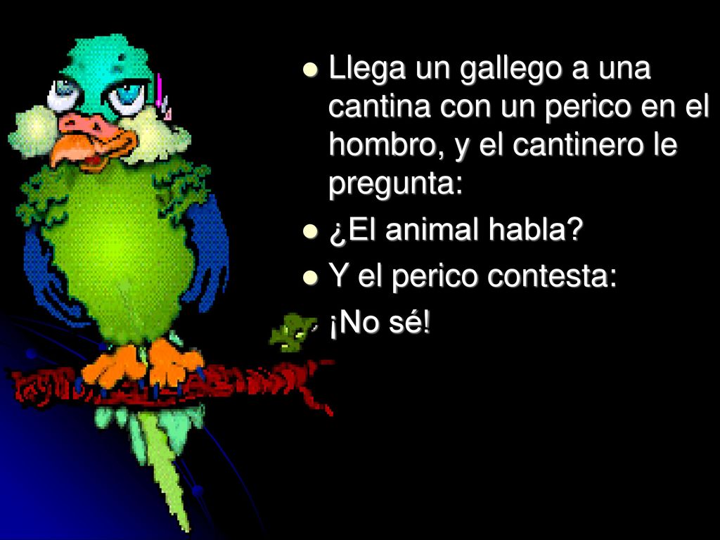 Llega un gallego a una cantina con un perico en el hombro, y el cantinero le pregunta: