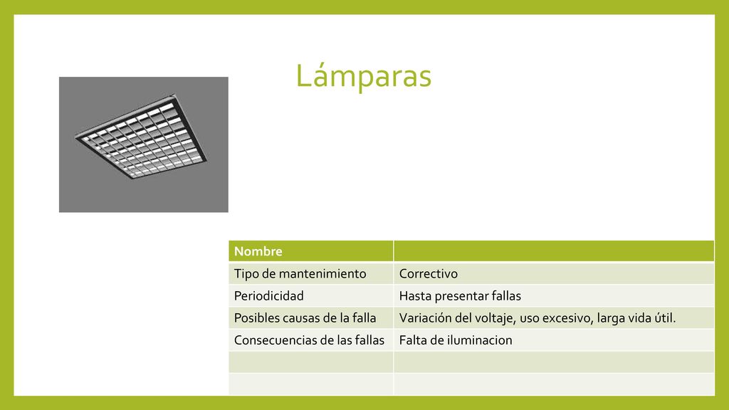 Lámparas Nombre Tipo de mantenimiento Correctivo Periodicidad