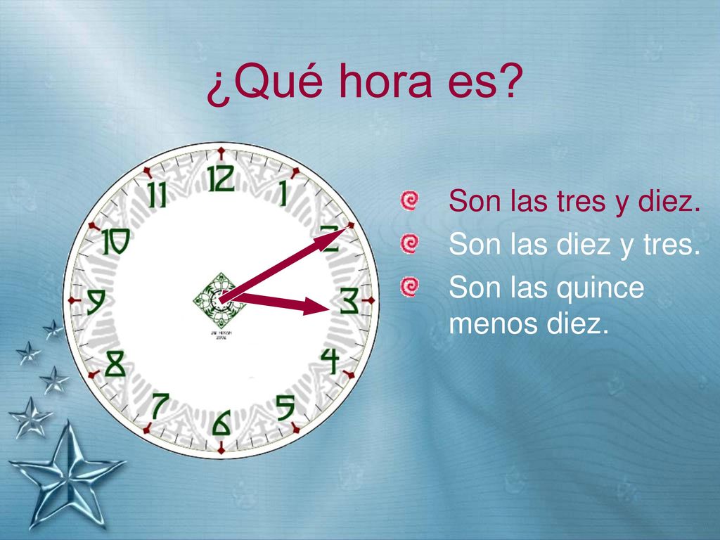 ¿Qué hora es Son las tres y diez. Son las diez y tres.