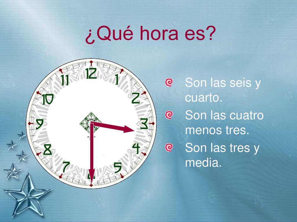 ¿Qué hora es Son las seis y cuarto. Son las cuatro menos tres.