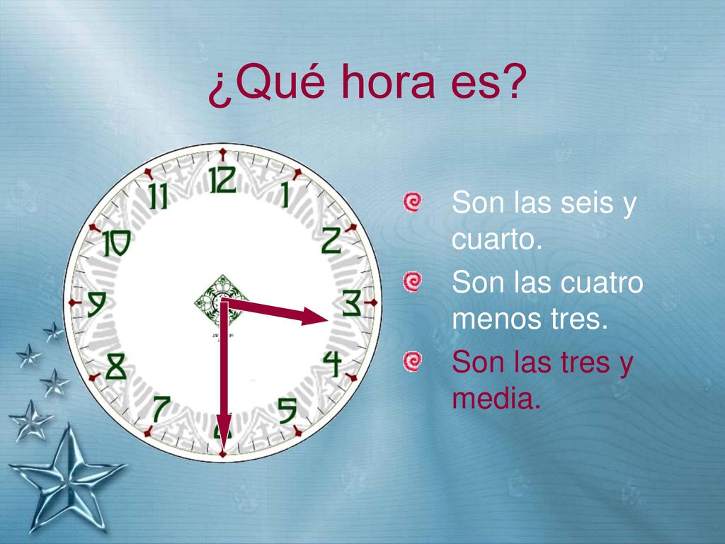 ¿Qué hora es Son las seis y cuarto. Son las cuatro menos tres.
