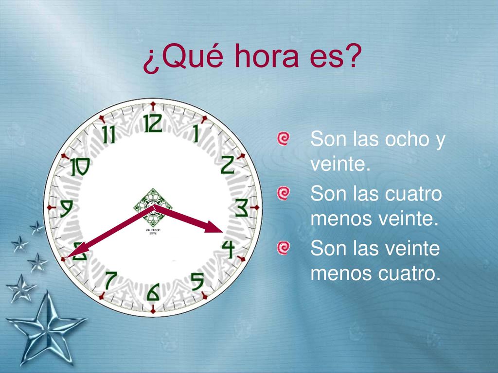 ¿Qué hora es Son las ocho y veinte. Son las cuatro menos veinte.