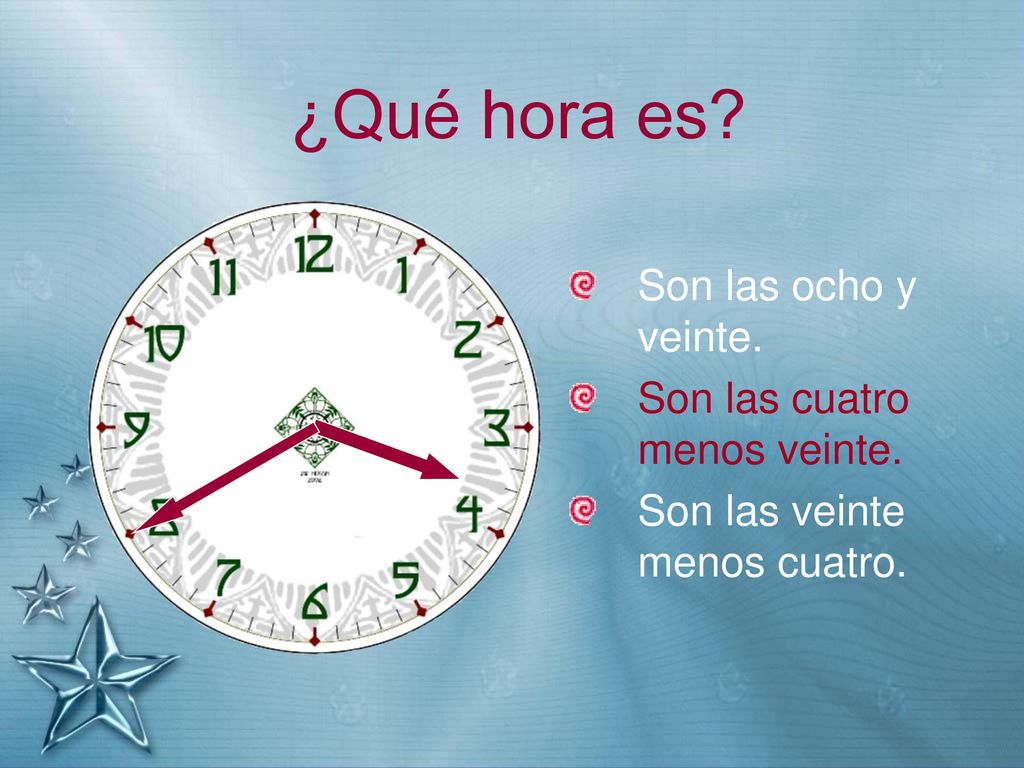 ¿Qué hora es Son las ocho y veinte. Son las cuatro menos veinte.