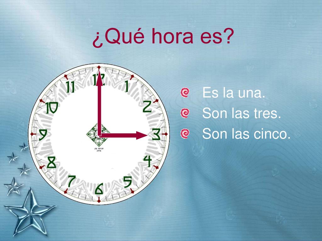¿Qué hora es Es la una. Son las tres. Son las cinco.