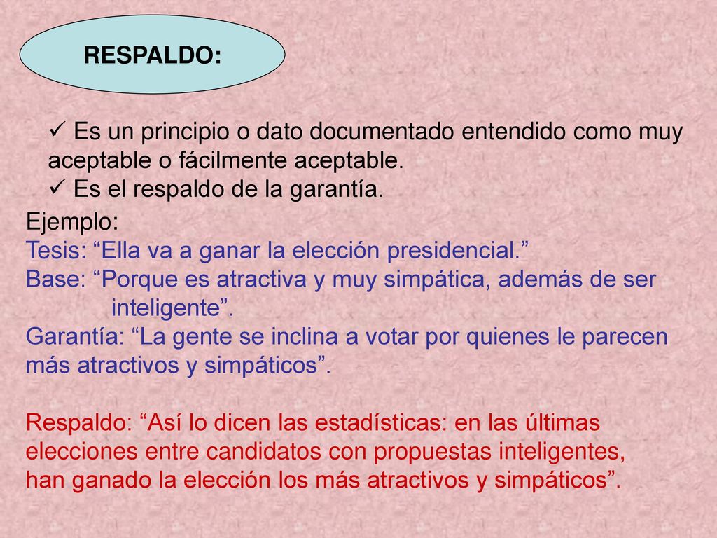RESPALDO: Es un principio o dato documentado entendido como muy. aceptable o fácilmente aceptable.