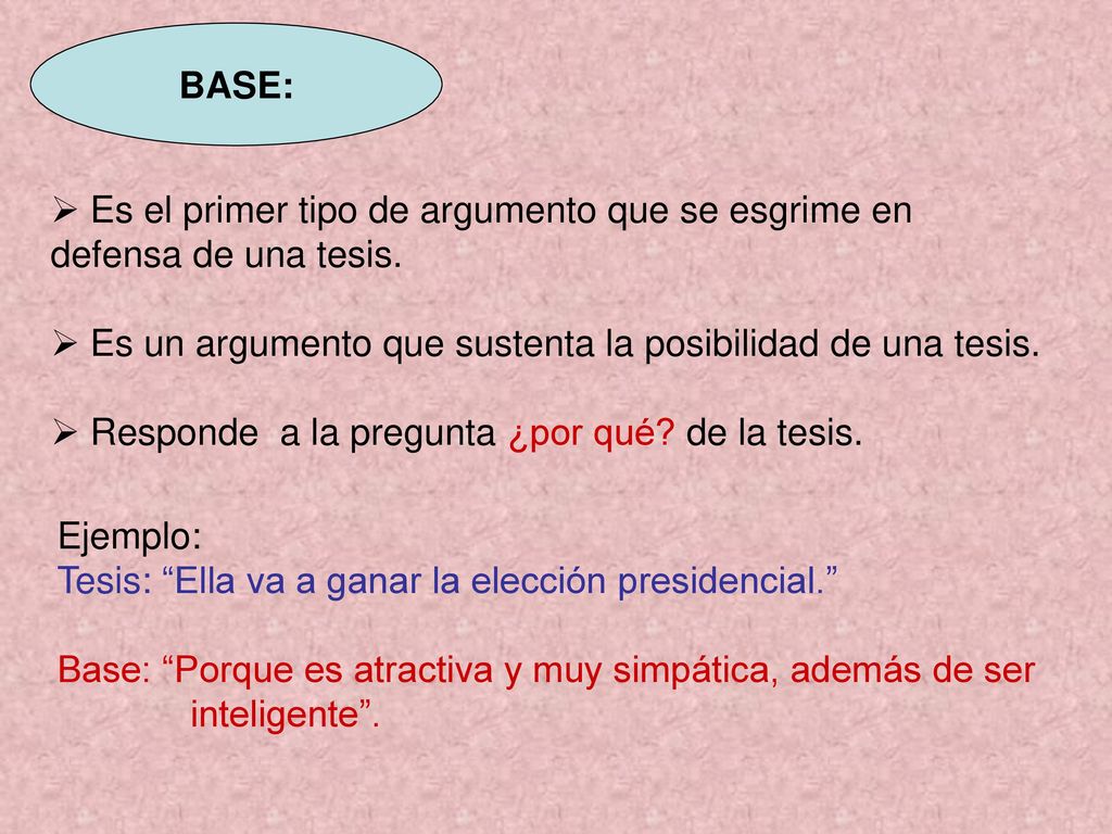 BASE: Es el primer tipo de argumento que se esgrime en. defensa de una tesis. Es un argumento que sustenta la posibilidad de una tesis.