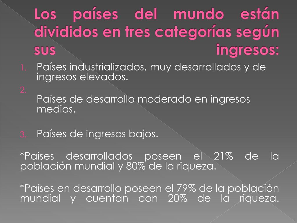 Los países del mundo están divididos en tres categorías según sus ingresos: