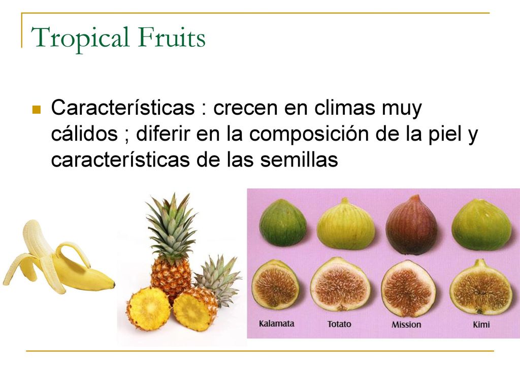 Tropical Fruits Características : crecen en climas muy cálidos ; diferir en la composición de la piel y características de las semillas.