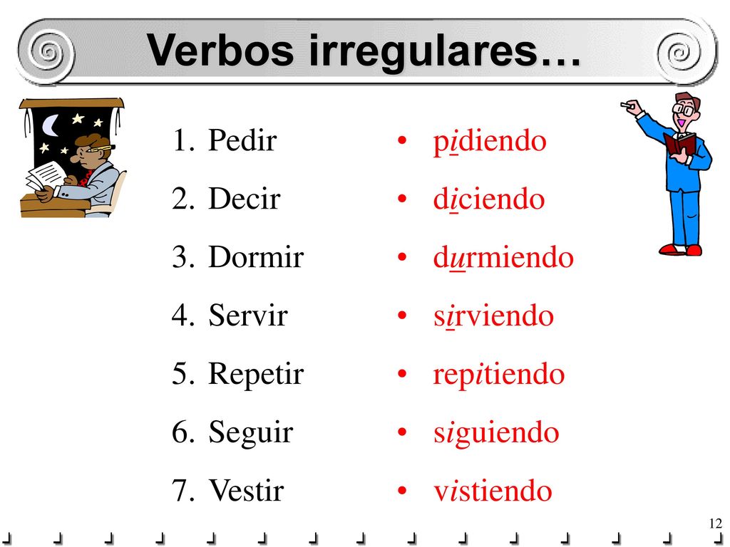 Verbos irregulares… Pedir Decir Dormir Servir Repetir Seguir Vestir
