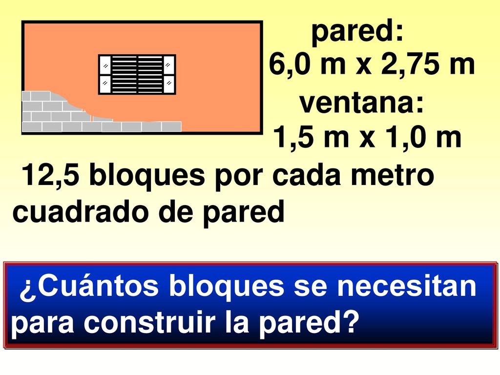 pared: 6,0 m x 2,75 m. ventana: 1,5 m x 1,0 m. 12,5 bloques por cada metro cuadrado de pared.