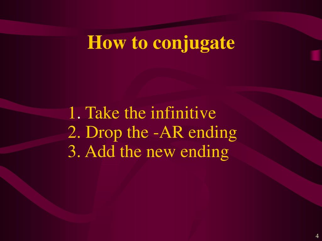 How to conjugate 1. Take the infinitive 2. Drop the -AR ending
