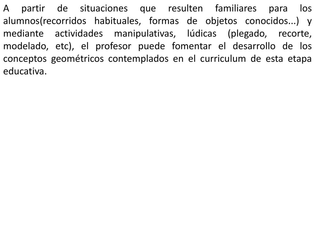 A partir de situaciones que resulten familiares para los alumnos(recorridos habituales, formas de objetos conocidos...) y mediante actividades manipulativas, lúdicas (plegado, recorte, modelado, etc), el profesor puede fomentar el desarrollo de los conceptos geométricos contemplados en el curriculum de esta etapa educativa.