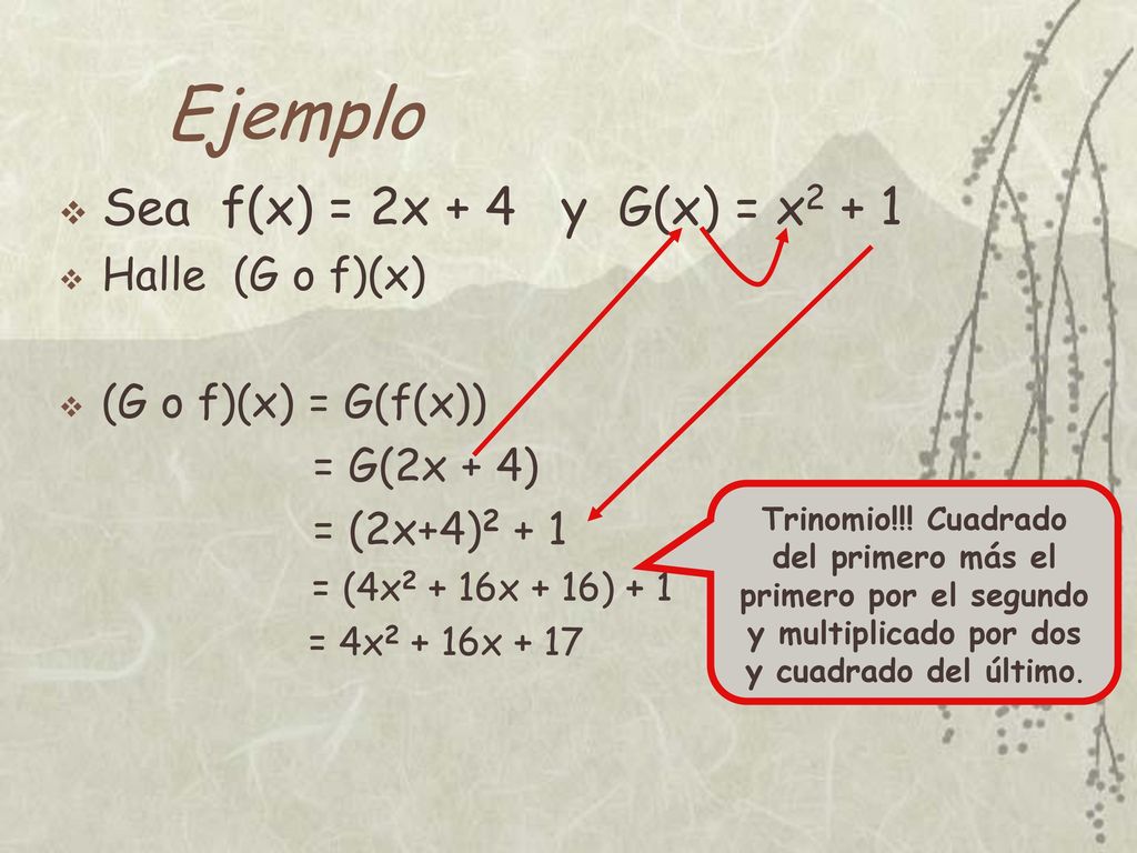Ejemplo Sea f(x) = 2x + 4 y G(x) = x2 + 1 Halle (G o f)(x)