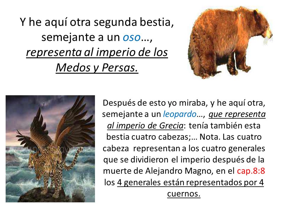 Y he aquí otra segunda bestia, semejante a un oso…, representa al imperio de los Medos y Persas.
