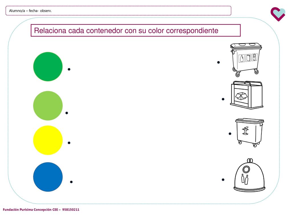 Relaciona cada contenedor con su color correspondiente