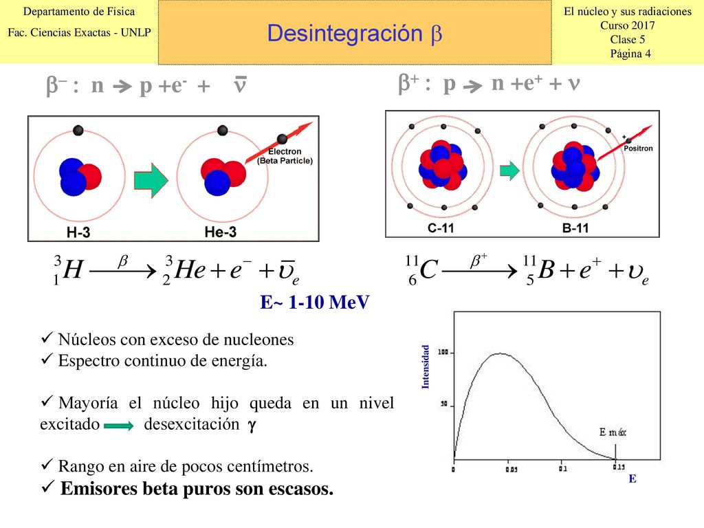 Desintegración  b+ : p n +e+ + n b- : n p +e- + n Desintegración beta
