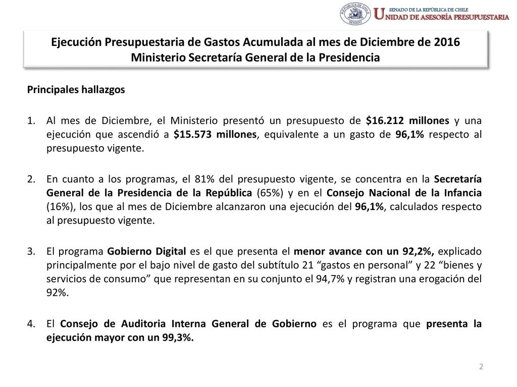 Ejecución Presupuestaria de Gastos Acumulada al mes de Diciembre de 2016 Ministerio Secretaría General de la Presidencia