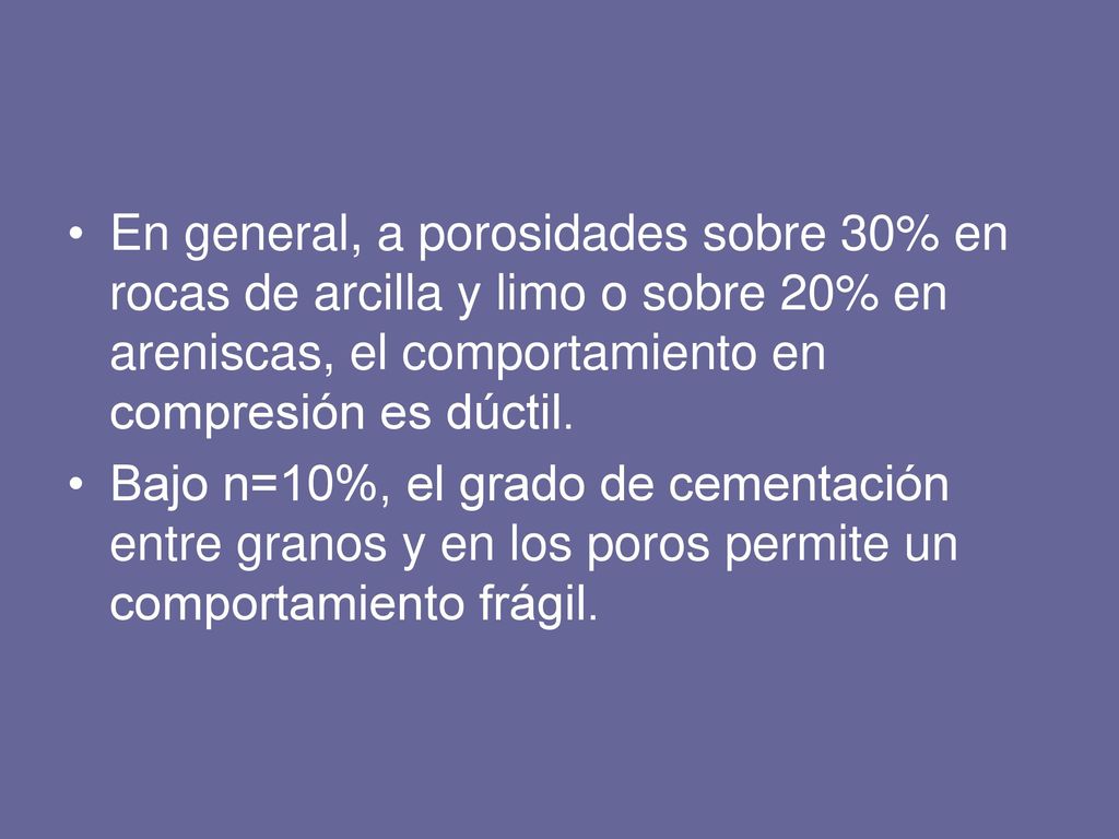 En general, a porosidades sobre 30% en rocas de arcilla y limo o sobre 20% en areniscas, el comportamiento en compresión es dúctil.