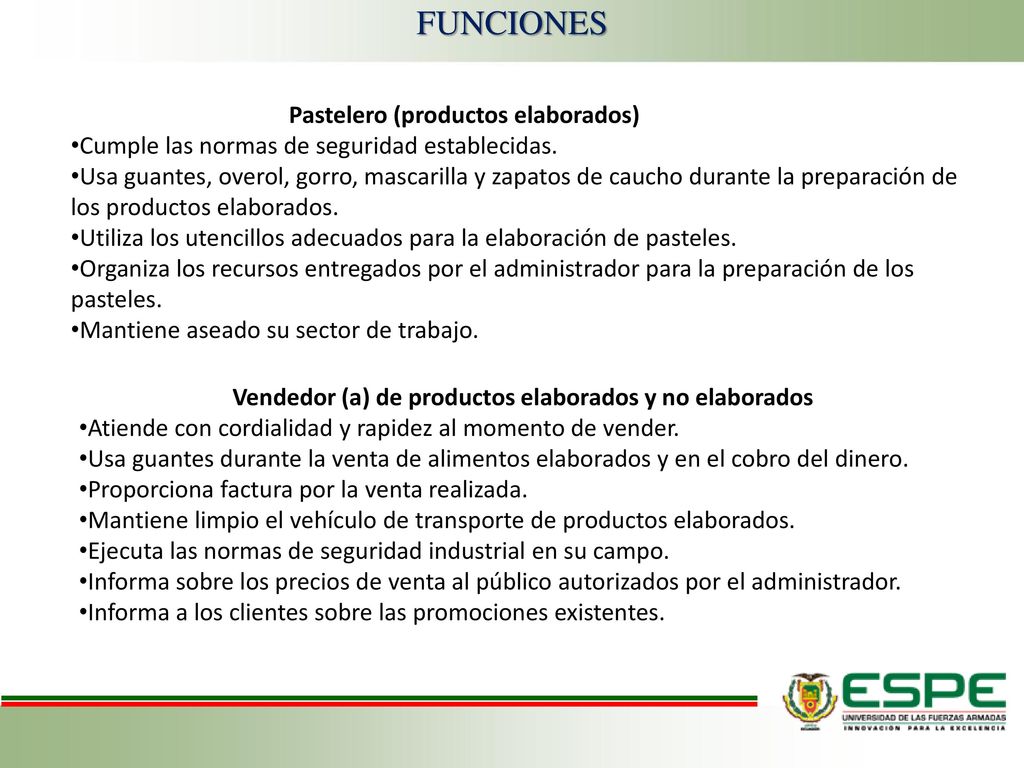 FUNCIONES Pastelero (productos elaborados)