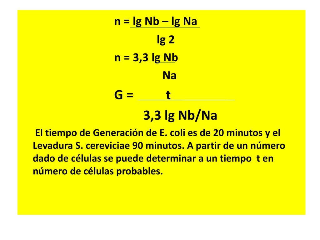 n = lg Nb – lg Na G = t 3,3 lg Nb/Na lg 2 n = 3,3 lg Nb Na