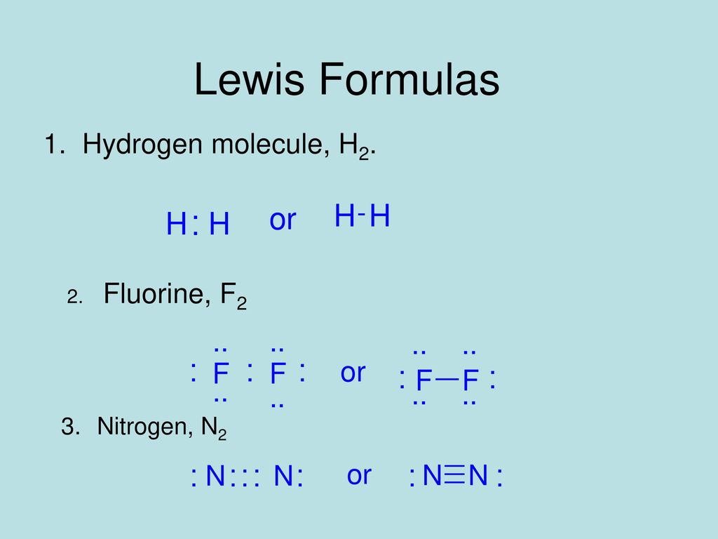 Lewis Formulas Hydrogen molecule, H2. Fluorine, F2 Nitrogen, N2