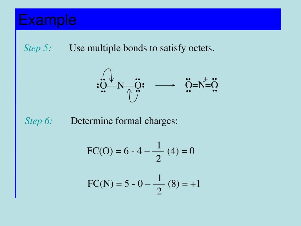 Example Step 5: Use multiple bonds to satisfy octets. O=N=O O—N—O